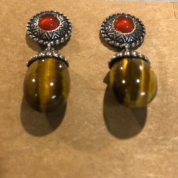 CAROLYN POLLACK Sterling Silver Tigers Eye Red Garnet Drop Dangle Earrings - Picture 8 of 10